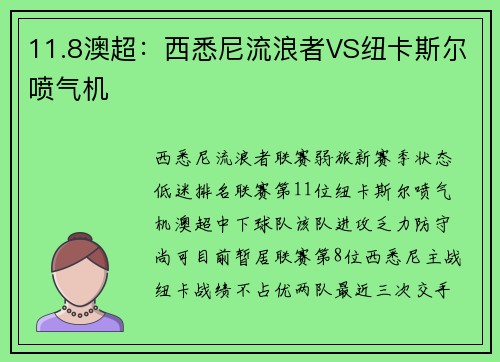 11.8澳超：西悉尼流浪者VS纽卡斯尔喷气机