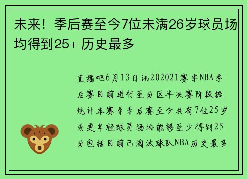 未来！季后赛至今7位未满26岁球员场均得到25+ 历史最多