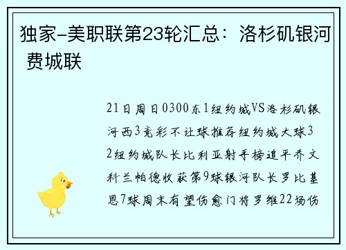 独家-美职联第23轮汇总：洛杉矶银河 费城联